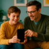 Padre y niño configurando juntos un móvil con control parental respetuoso usando MiniBile