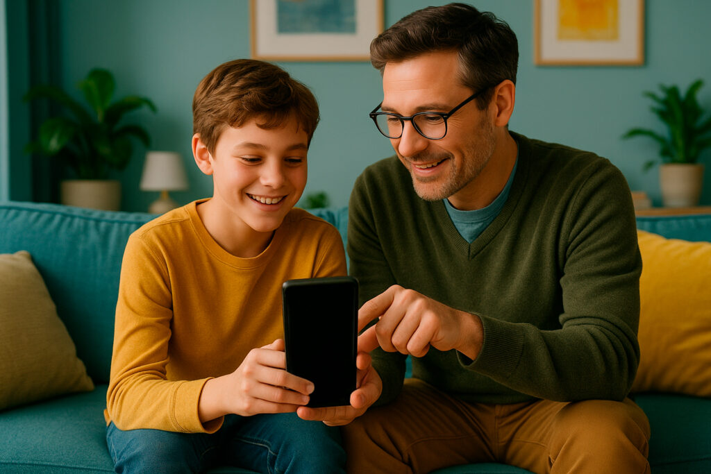 Padre y niño configurando juntos un móvil con control parental respetuoso usando MiniBile