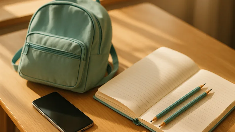 Checklist del primer móvil escolar: mochila, cuaderno y teléfono sobre un pupitre