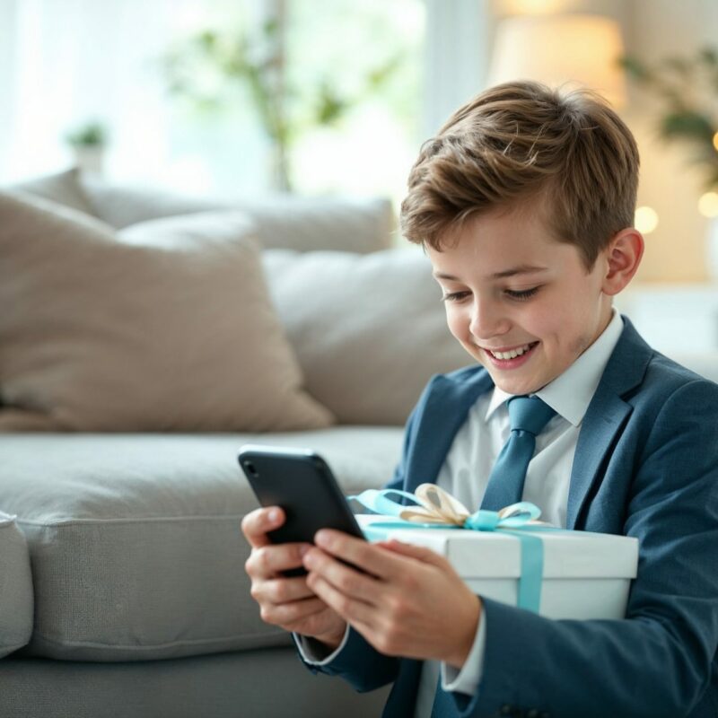 Niño de comunión recibiendo su primer móvil como regalo