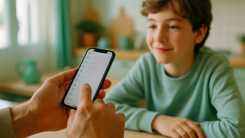 Padre configurando el control parental en el móvil de su hijo antes de empezar el colegio