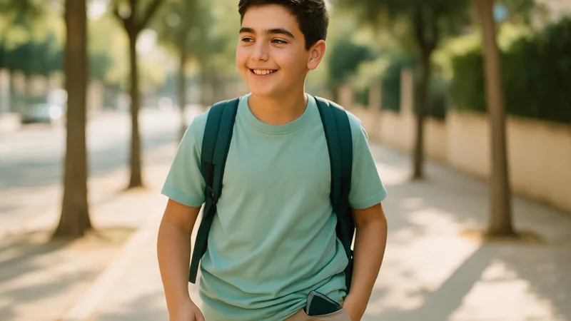Niño caminando al instituto con el móvil guardado, cumpliendo las normas de uso en el colegio