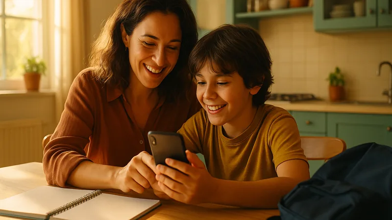 Madre e hijo preparando juntos el primer móvil para la vuelta al cole 2026